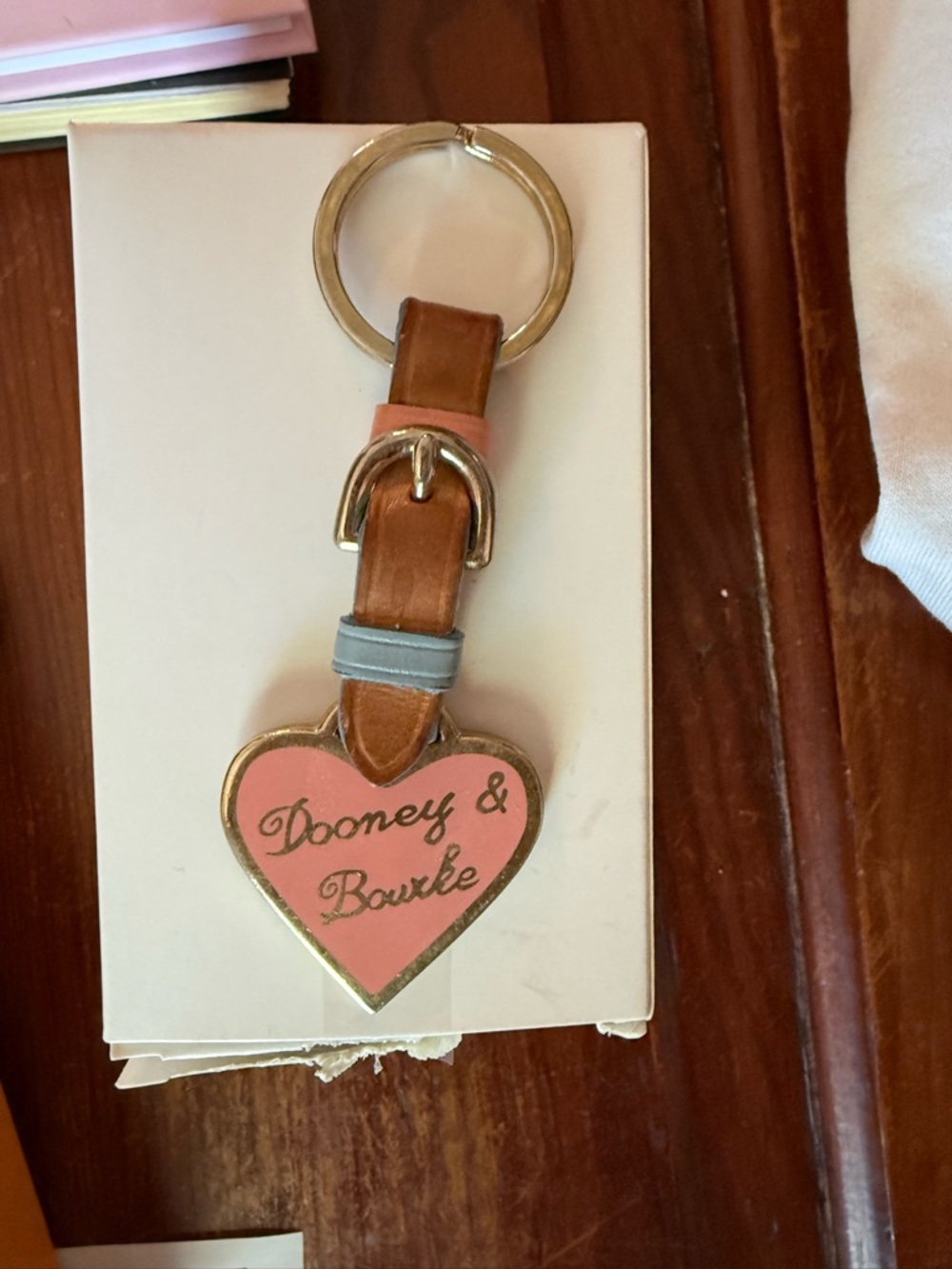 Vintage (2000) Dooney & Bourke Pink Heart Leather Key Ring with Blue Accent